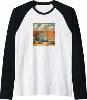 River Through A Canyon Vintage Landscape Graphic Raglan Baseball Tee