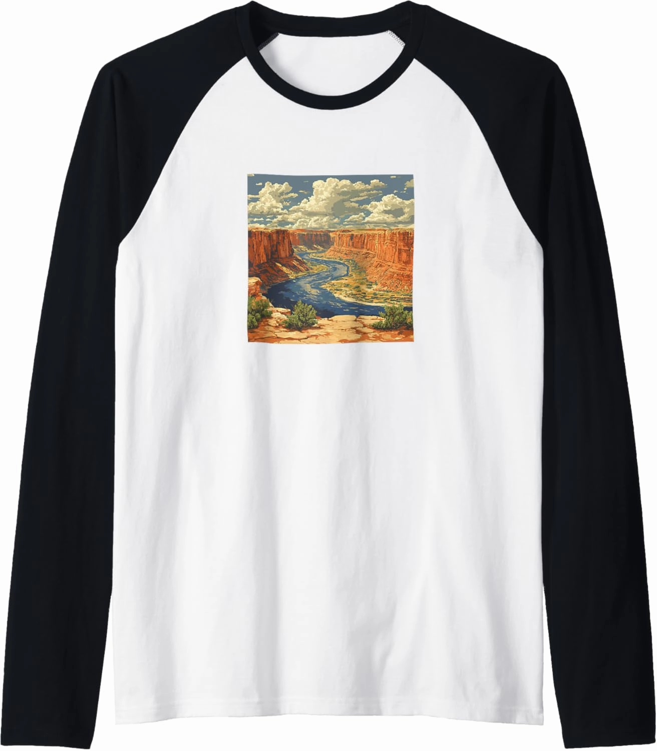 River Through A Canyon Vintage Landscape Graphic Raglan Baseball Tee