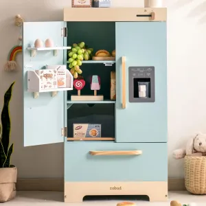 ROBUD Fridge Refrigerator with Ice Dispenser, Wooden Play Fridge Freezer Set for Kids, Toddler Kitchen Playset with Full Accessories Pretend Play Set, Gift for Boys & Girls, Age 3 