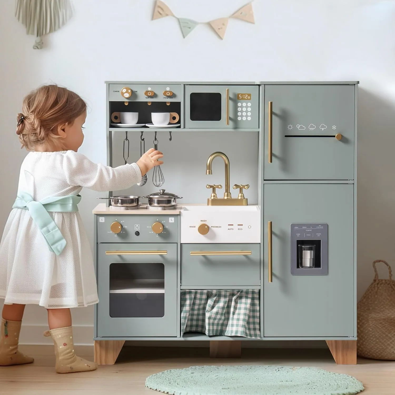 ROBUD Wooden Play Kitchen for Kids Toddlers, Corner Wooden Play Kitchen with Fridge, Ice Maker, Coffee Maker, Juicer, Oven, Dishwasher, Microwave, Utensils, Gift for Ages 3 