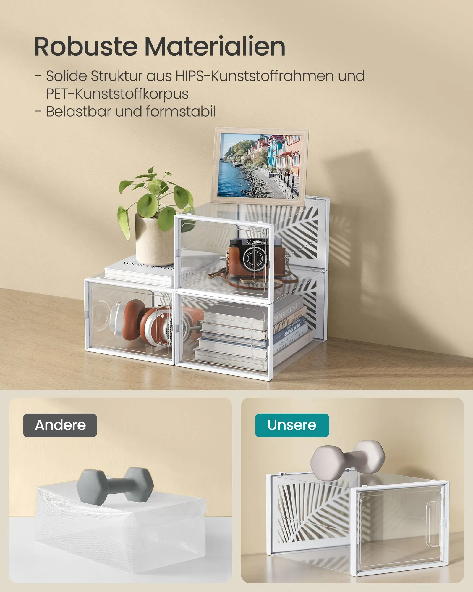 Rootz 18 Pack Shoe Box Organizer - Foldable Storage Containers - Stackable Clear Boxes - PET Body - 35cm x 25.5cm x 19cm