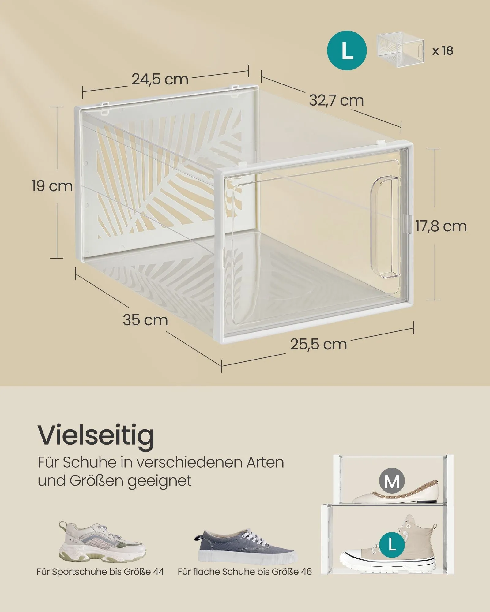 Rootz 18 Pack Shoe Box Organizer - Foldable Storage Containers - Stackable Clear Boxes - PET Body - 35cm x 25.5cm x 19cm