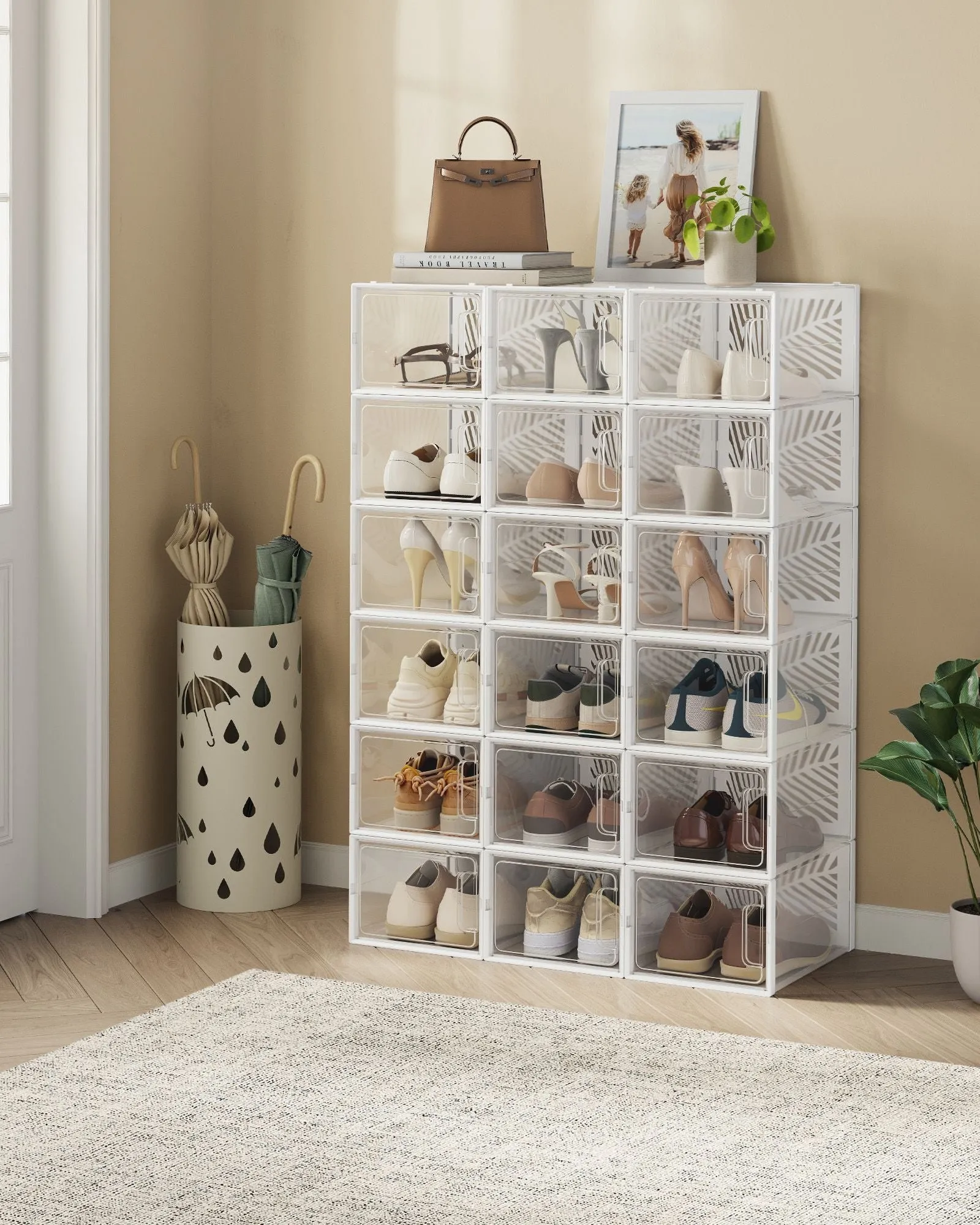 Rootz 18 Pack Shoe Box Organizer - Foldable Storage Containers - Stackable Clear Boxes - PET Body - 35cm x 25.5cm x 19cm