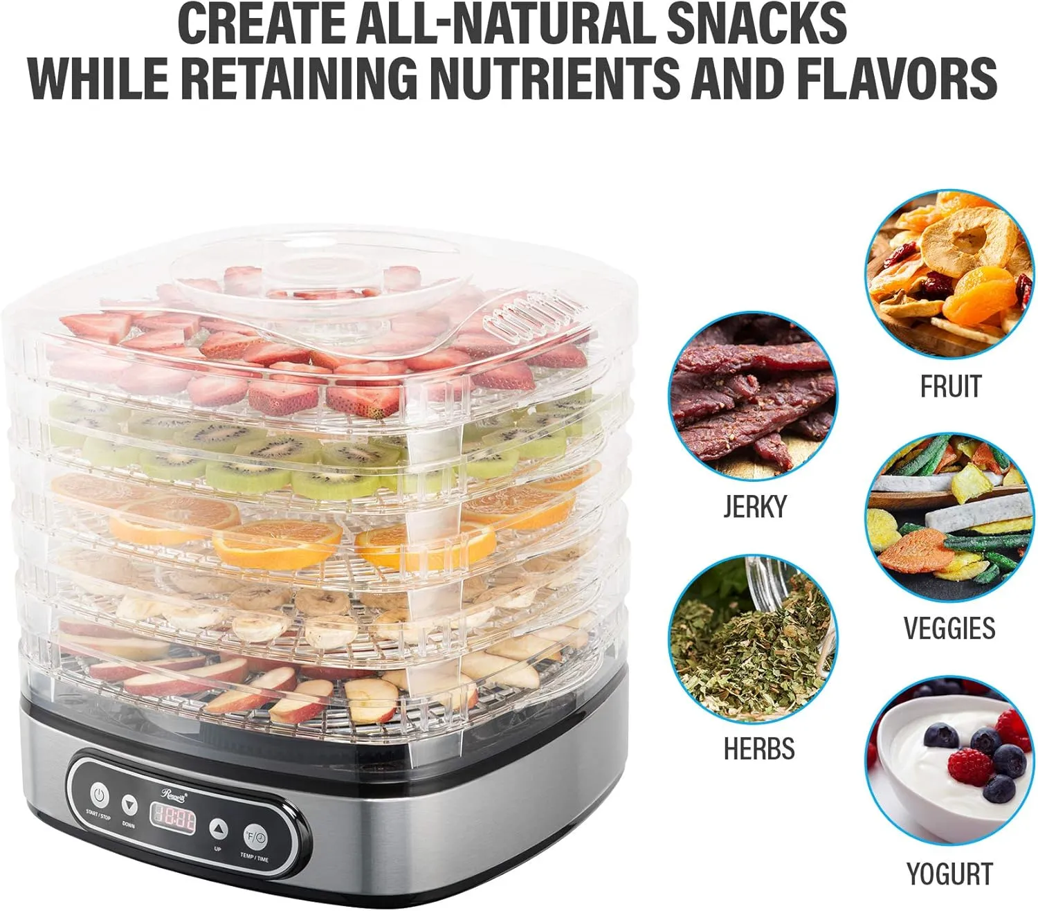 Rosewill Essential Food Dehydrator, 5 Stackable Trays with Adjustable 48H Timer and Temperature Control - Electric Food Preserver for Jerky, Fruits, Veggies, Meat & Dog Treats, Large capacity