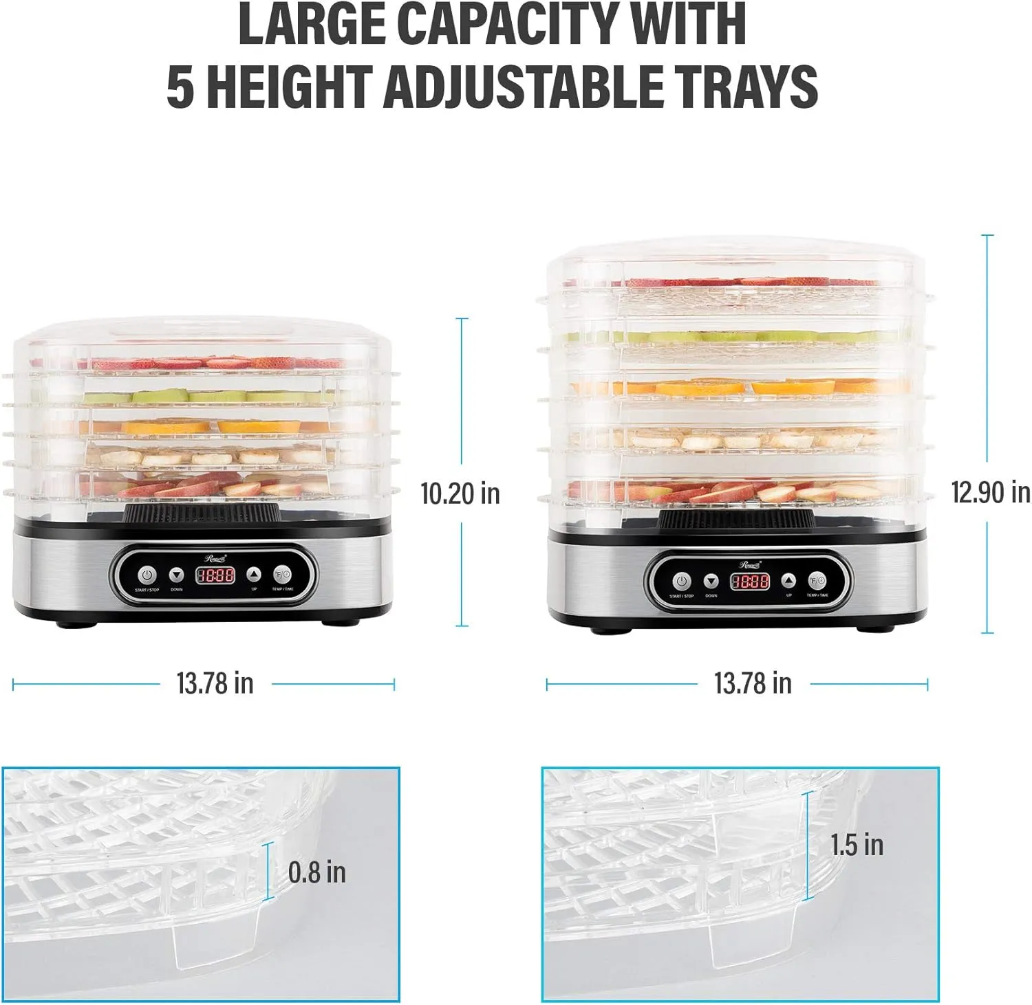 Rosewill Essential Food Dehydrator, 5 Stackable Trays with Adjustable 48H Timer and Temperature Control - Electric Food Preserver for Jerky, Fruits, Veggies, Meat & Dog Treats, Large capacity