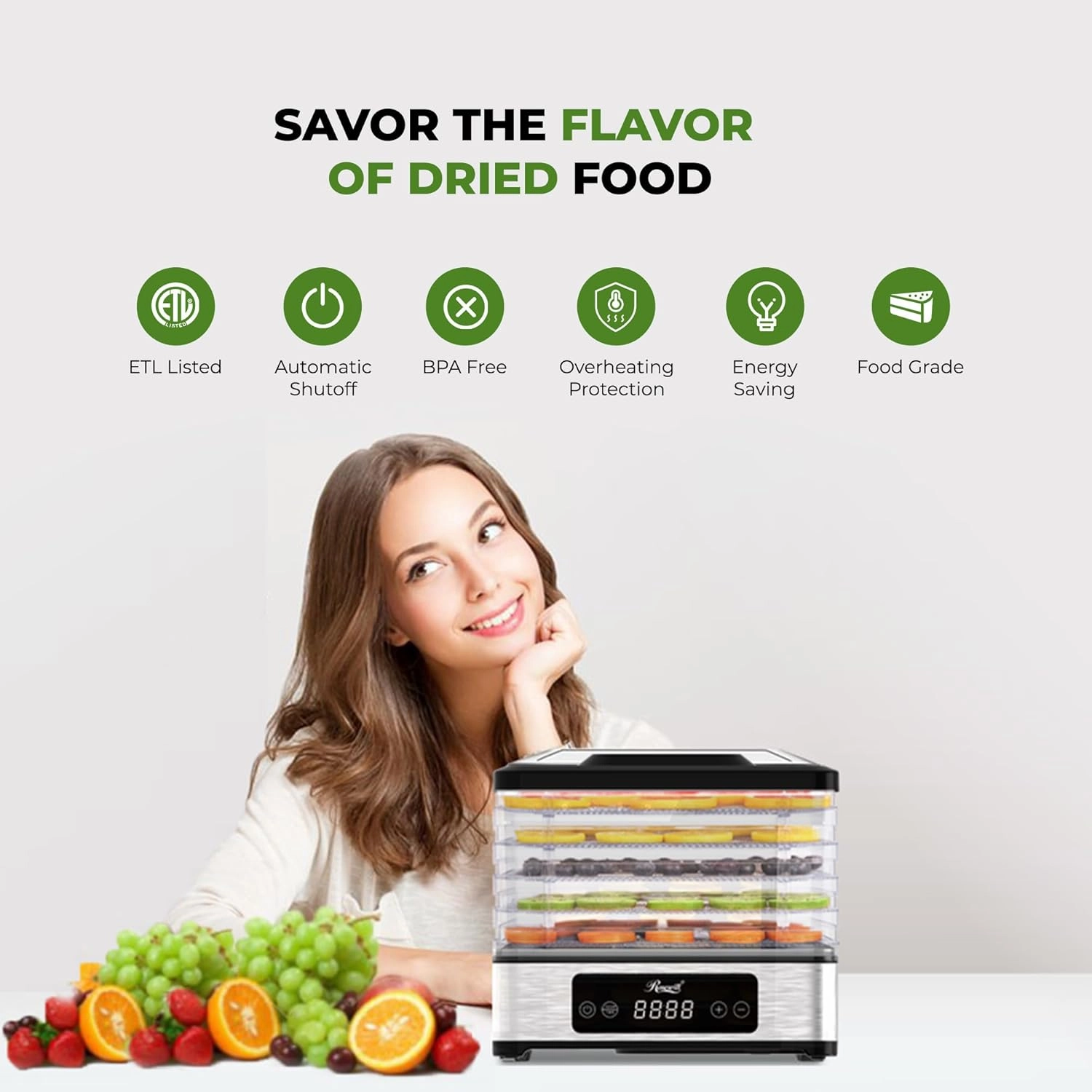 Rosewill Compact Food Dehydrator, 5 Stackable Trays with Adjustable 48H Timer and Temperature Control - Electric Food Preserver for Jerky, Fruits, Veggies, Meat & Dog Treats