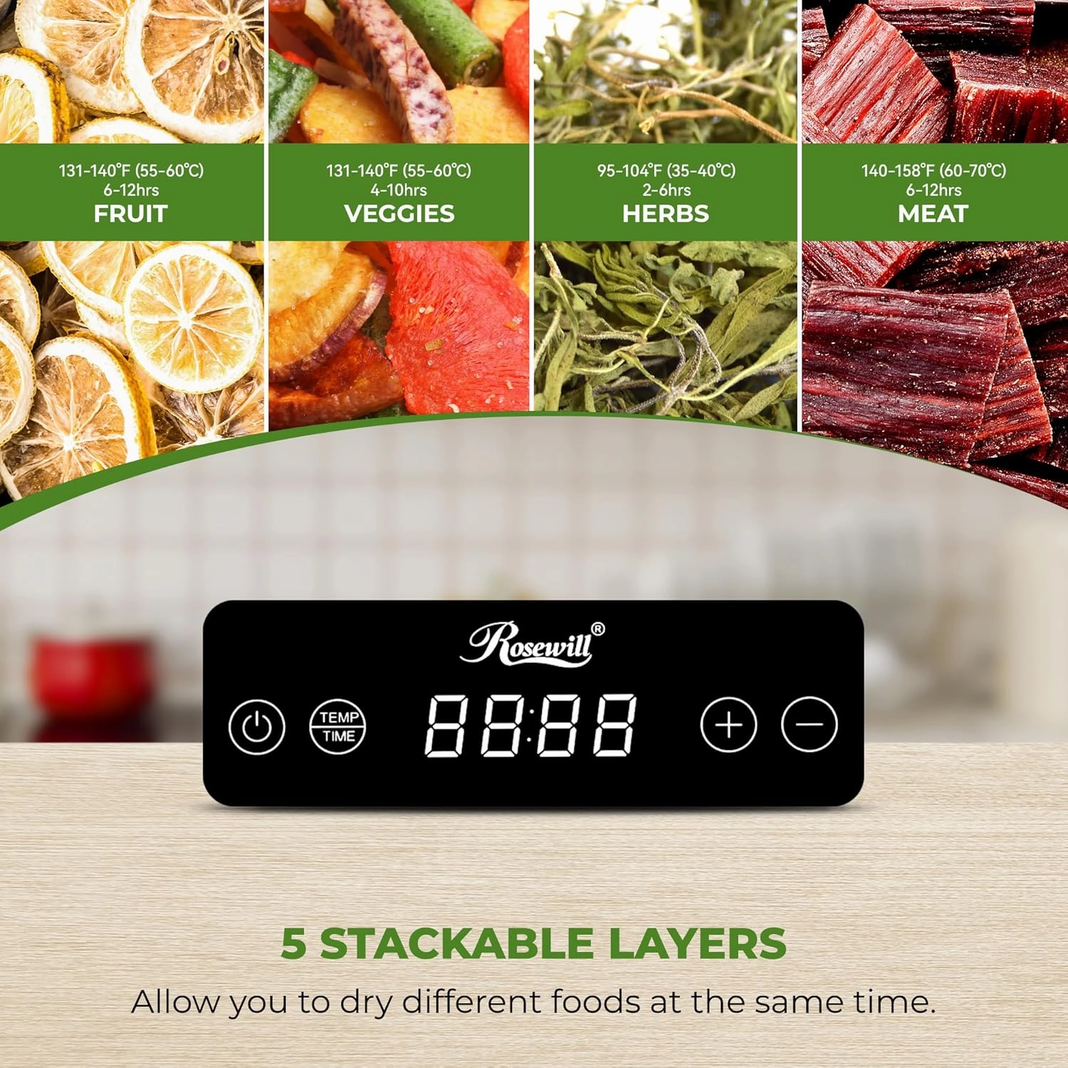 Rosewill Compact Food Dehydrator, 5 Stackable Trays with Adjustable 48H Timer and Temperature Control - Electric Food Preserver for Jerky, Fruits, Veggies, Meat & Dog Treats