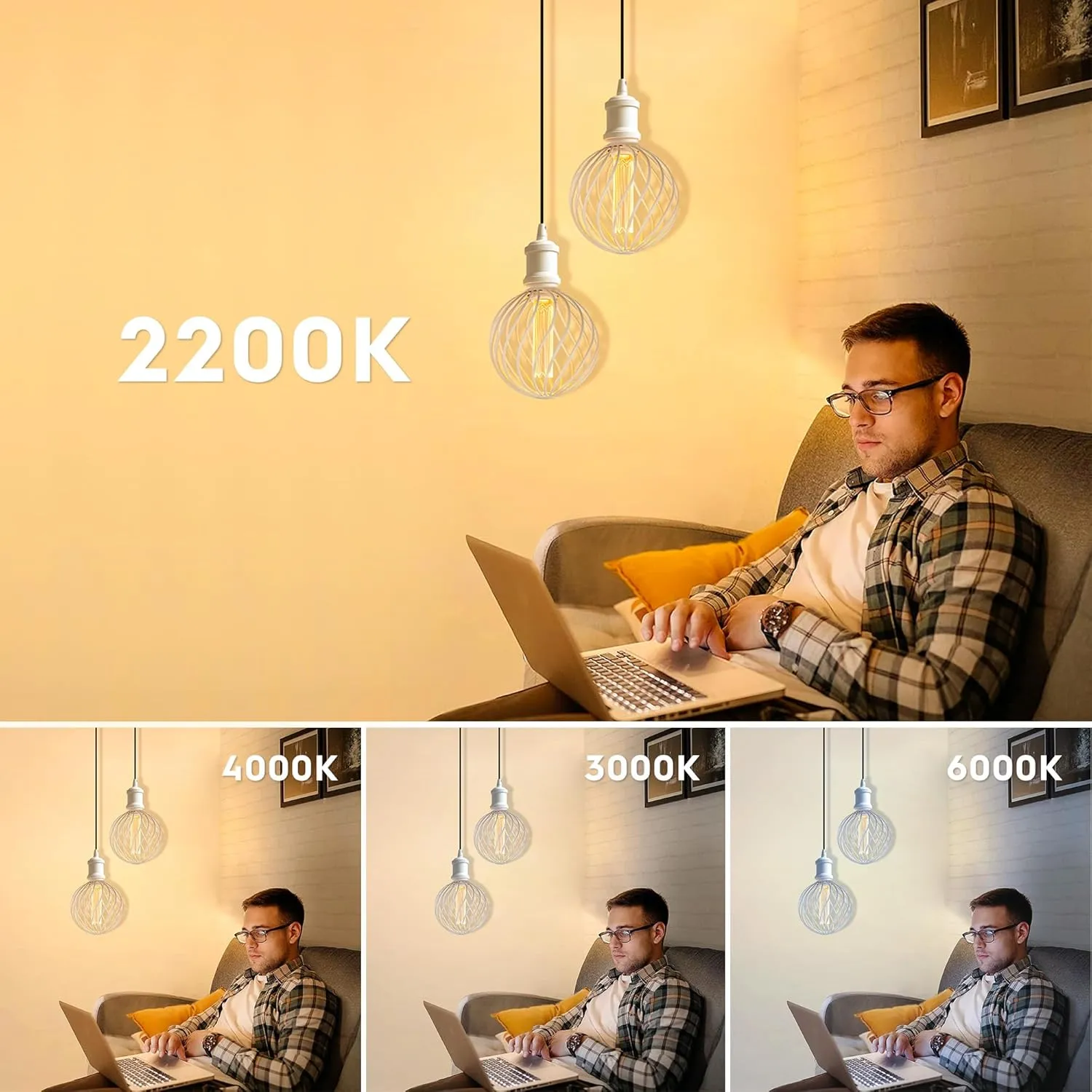 Round Decorative LED Light Bulb, Medium Globe Dimmable, White Coarse Metal Cage Light Bulbs, Virtual Filament, 3.5W 2200K 120lm Soft Warm Mood Lighting