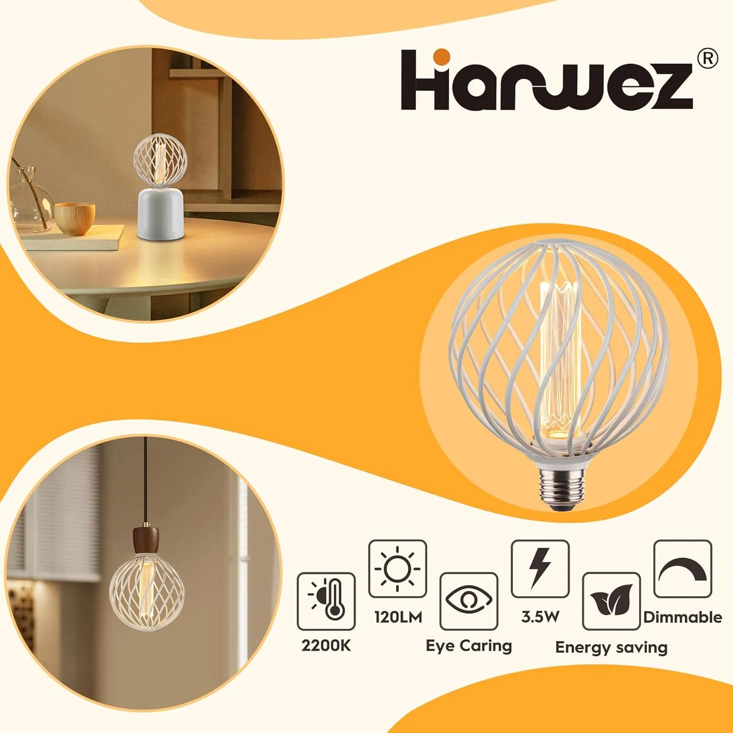 Round Decorative LED Light Bulb, Medium Globe Dimmable, White Coarse Metal Cage Light Bulbs, Virtual Filament, 3.5W 2200K 120lm Soft Warm Mood Lighting