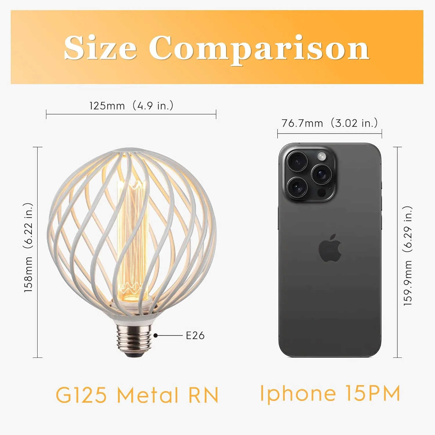 Round Decorative LED Light Bulb, Medium Globe Dimmable, White Coarse Metal Cage Light Bulbs, Virtual Filament, 3.5W 2200K 120lm Soft Warm Mood Lighting