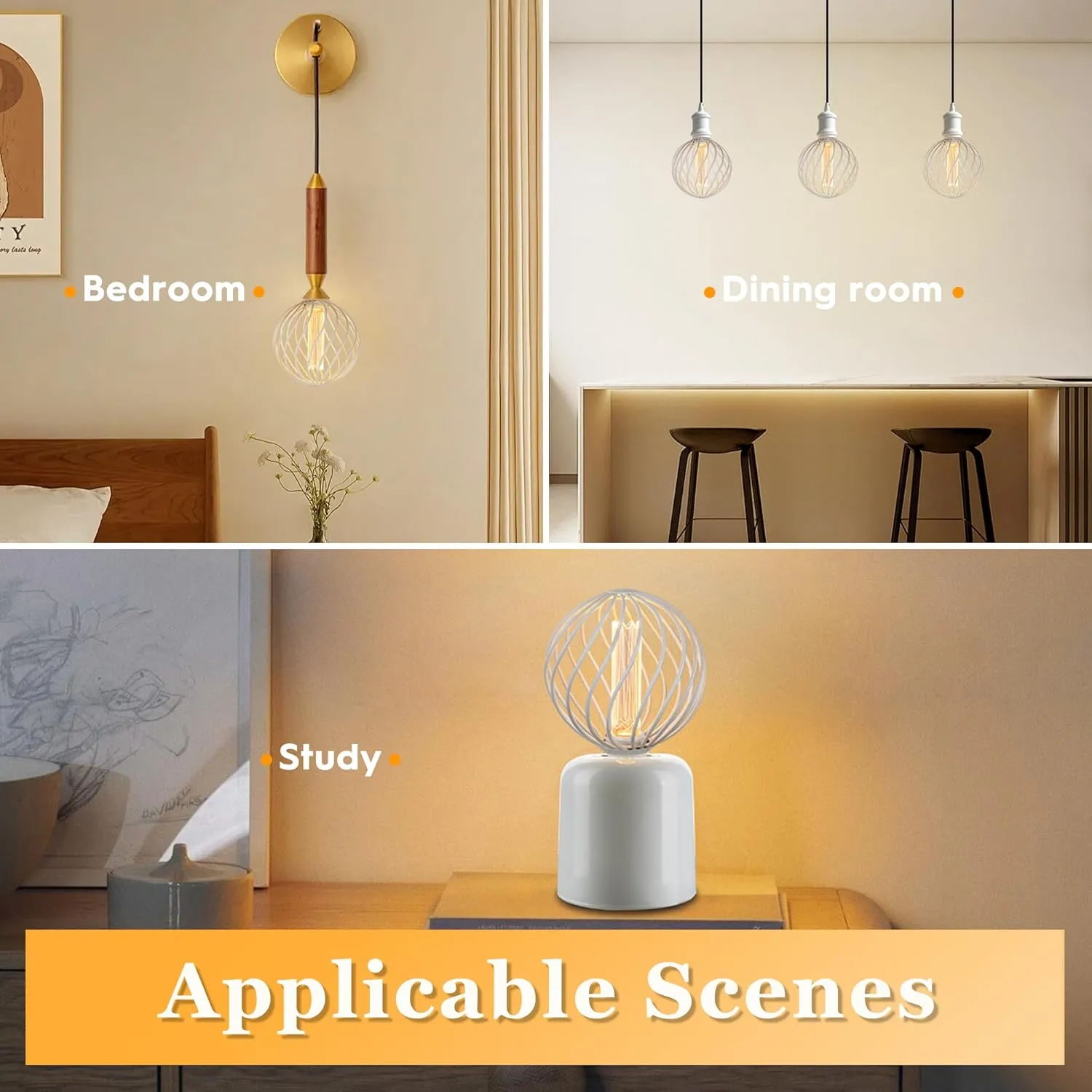 Round Decorative LED Light Bulb, Medium Globe Dimmable, White Coarse Metal Cage Light Bulbs, Virtual Filament, 3.5W 2200K 120lm Soft Warm Mood Lighting