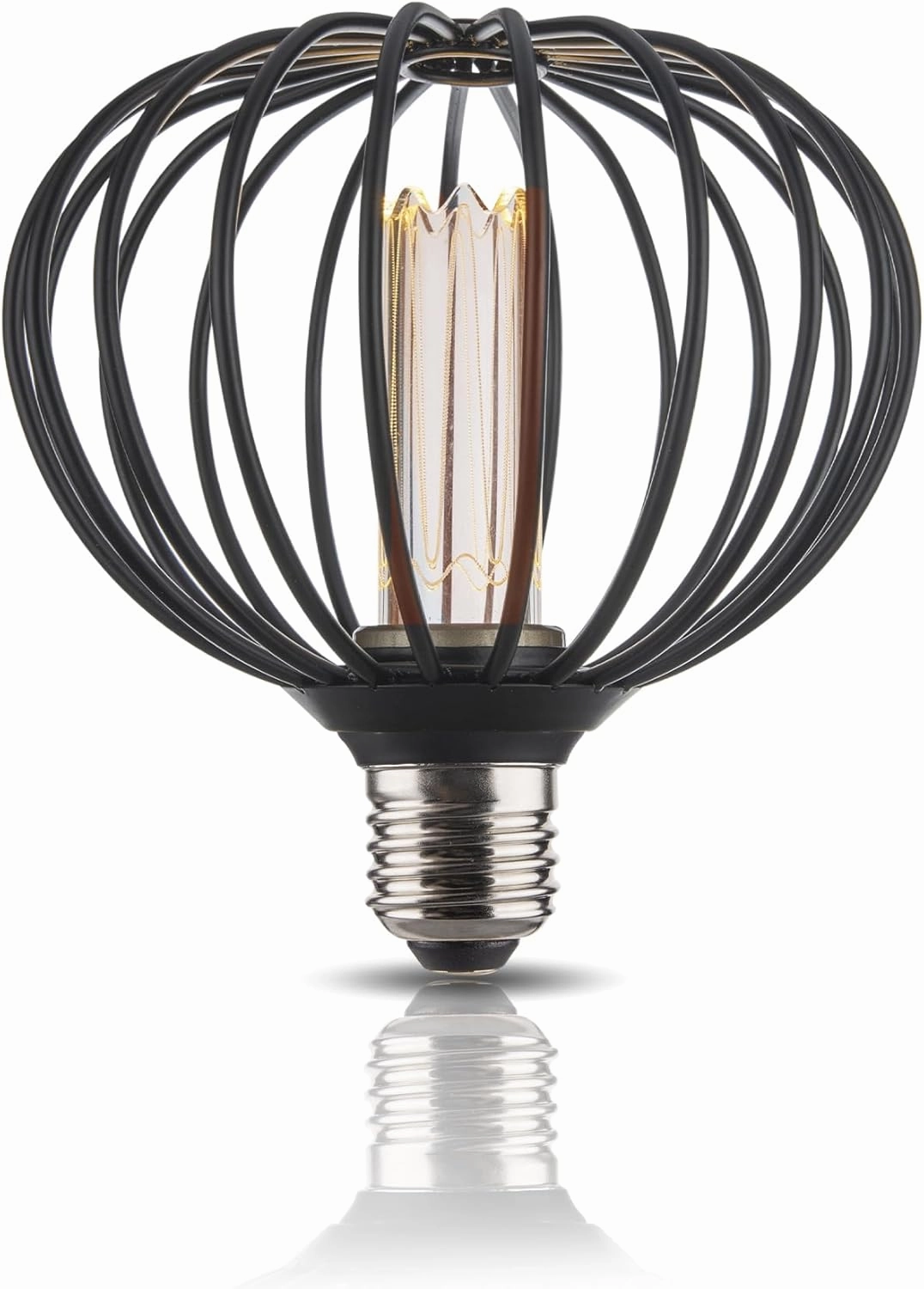 Round Decorative LED Light Bulb, Medium Globe Dimmable, Black Coarse Metal Cage Light Bulbs, Virtual Filament, 3.5W 2200K 70lm Soft Warm Mood Lighting, E26 Base