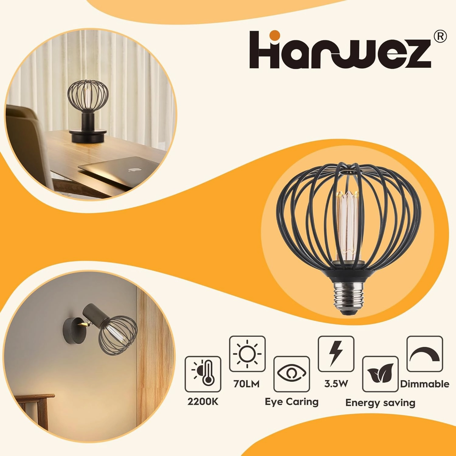 Round Decorative LED Light Bulb, Medium Globe Dimmable, Black Coarse Metal Cage Light Bulbs, Virtual Filament, 3.5W 2200K 70lm Soft Warm Mood Lighting, E26 Base