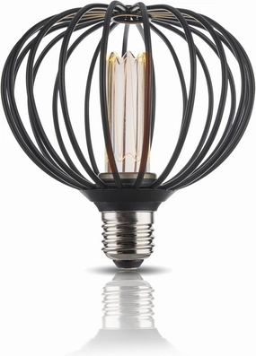 Round Decorative LED Light Bulb, Medium Globe Dimmable, Black Coarse Metal Cage Light Bulbs, Virtual Filament, 3.5W 2200K 70lm Soft Warm Mood Lighting, E26 Base