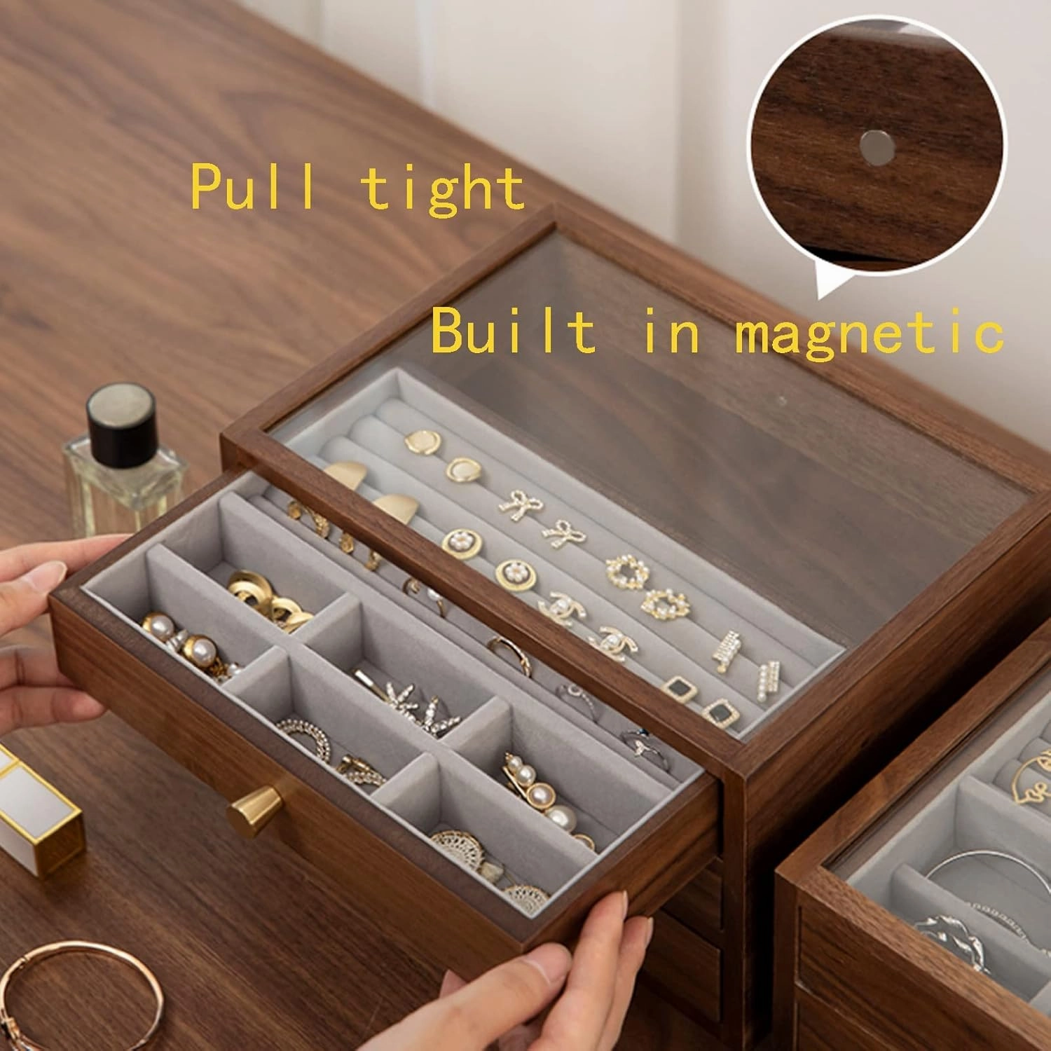Rustic Wooden Jewelry Organizer Box, Wooden Jewelry Box with Lock & Key for Women, 26x19x16cm, three floors, velvet cloth, Caring for Jewelry, Bracelet, Watch, Necklace, Earrings