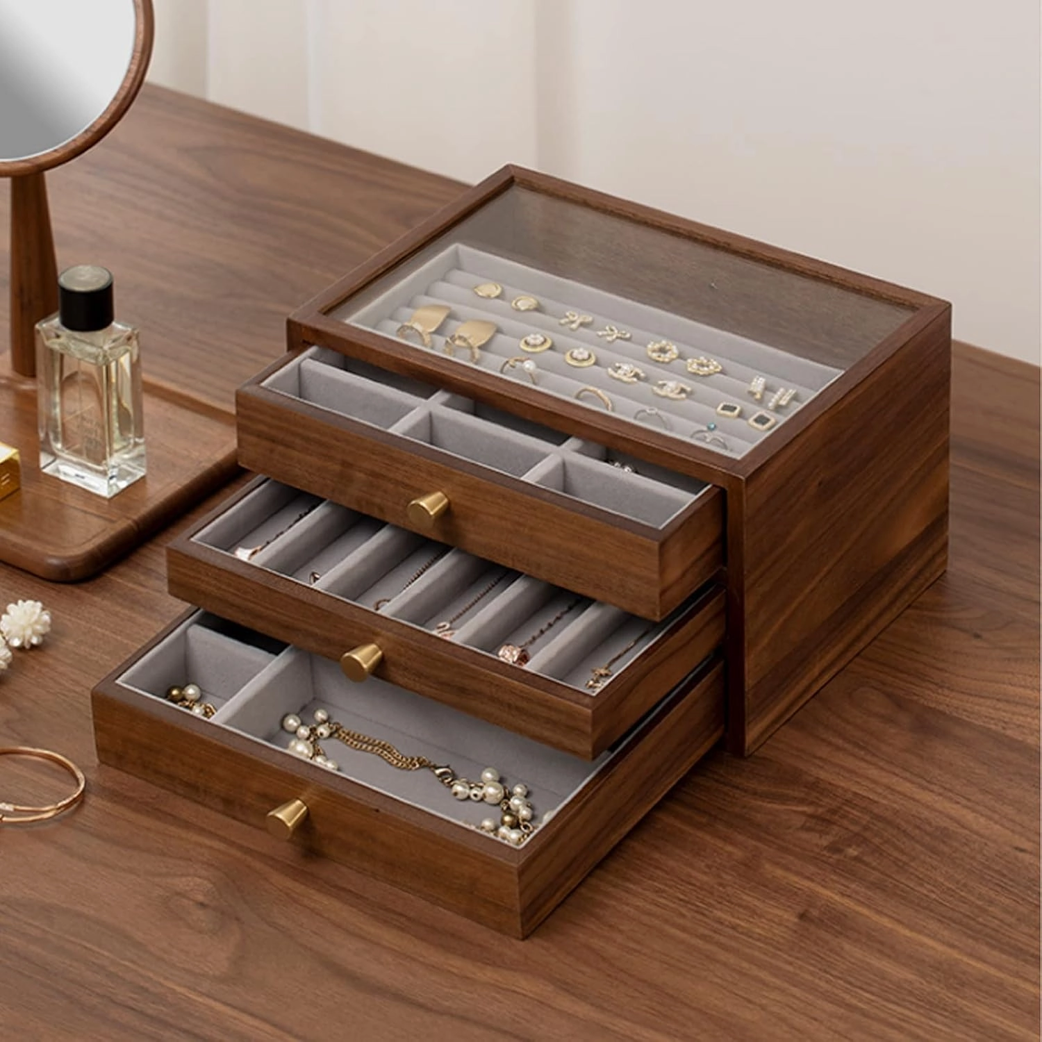 Rustic Wooden Jewelry Organizer Box, Wooden Jewelry Box with Lock & Key for Women, 26x19x16cm, three floors, velvet cloth, Caring for Jewelry, Bracelet, Watch, Necklace, Earrings
