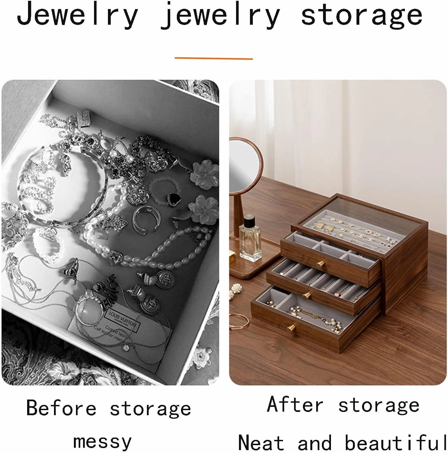 Rustic Wooden Jewelry Organizer Box, Wooden Jewelry Box with Lock & Key for Women, 26x19x16cm, three floors, velvet cloth, Caring for Jewelry, Bracelet, Watch, Necklace, Earrings