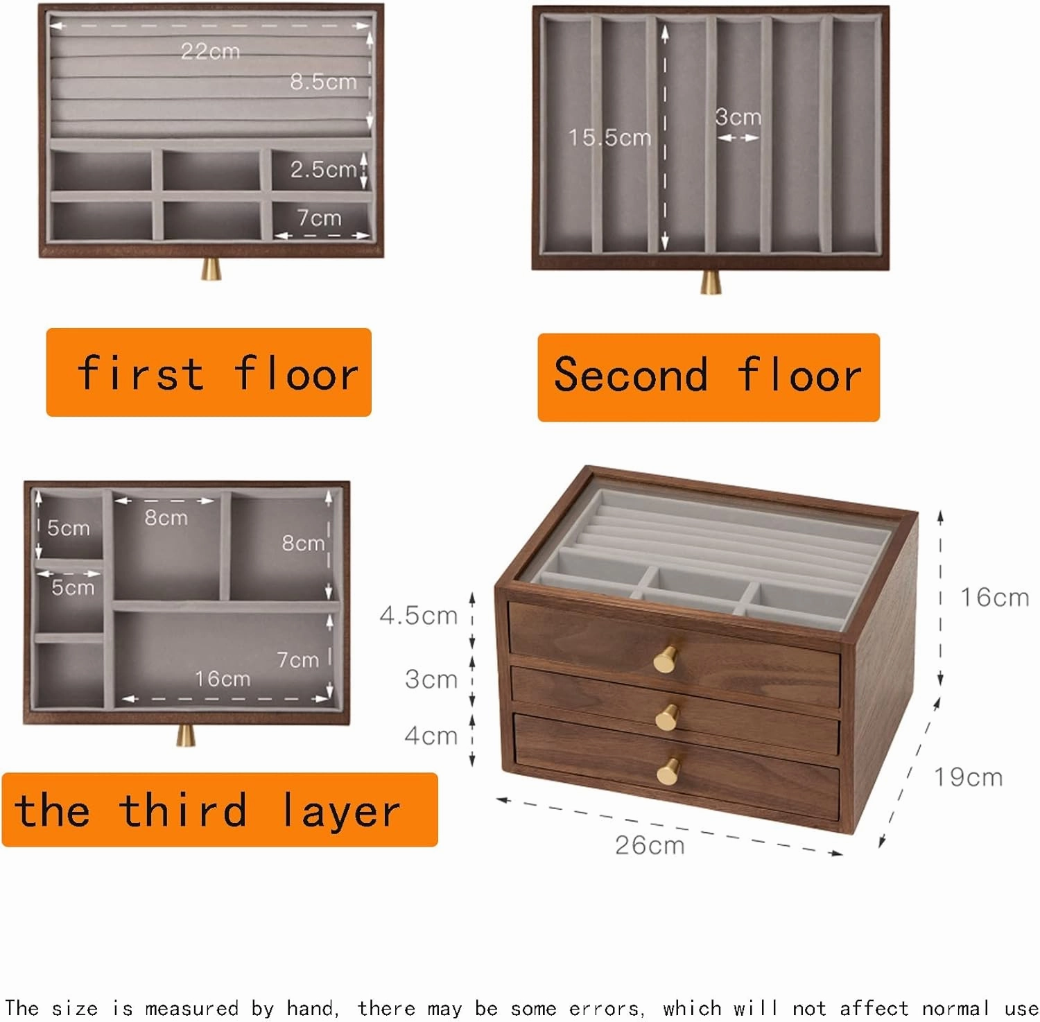 Rustic Wooden Jewelry Organizer Box, Wooden Jewelry Box with Lock & Key for Women, 26x19x16cm, three floors, velvet cloth, Caring for Jewelry, Bracelet, Watch, Necklace, Earrings