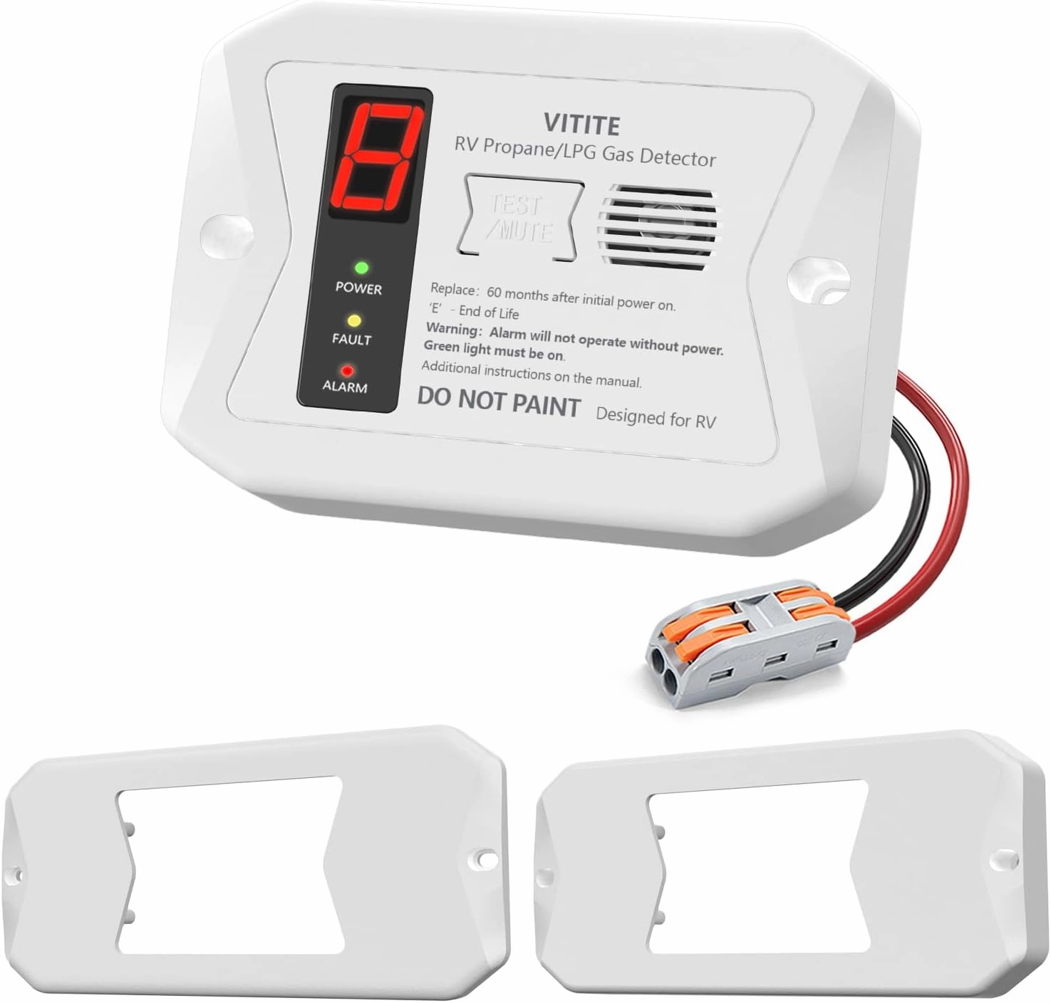 RV Propane Gas Detector, VITITE Digital RV LP Gas Alarm, Hardwired - VDC 12V, Flush & Surface Mount, with 3 Brackets (White)