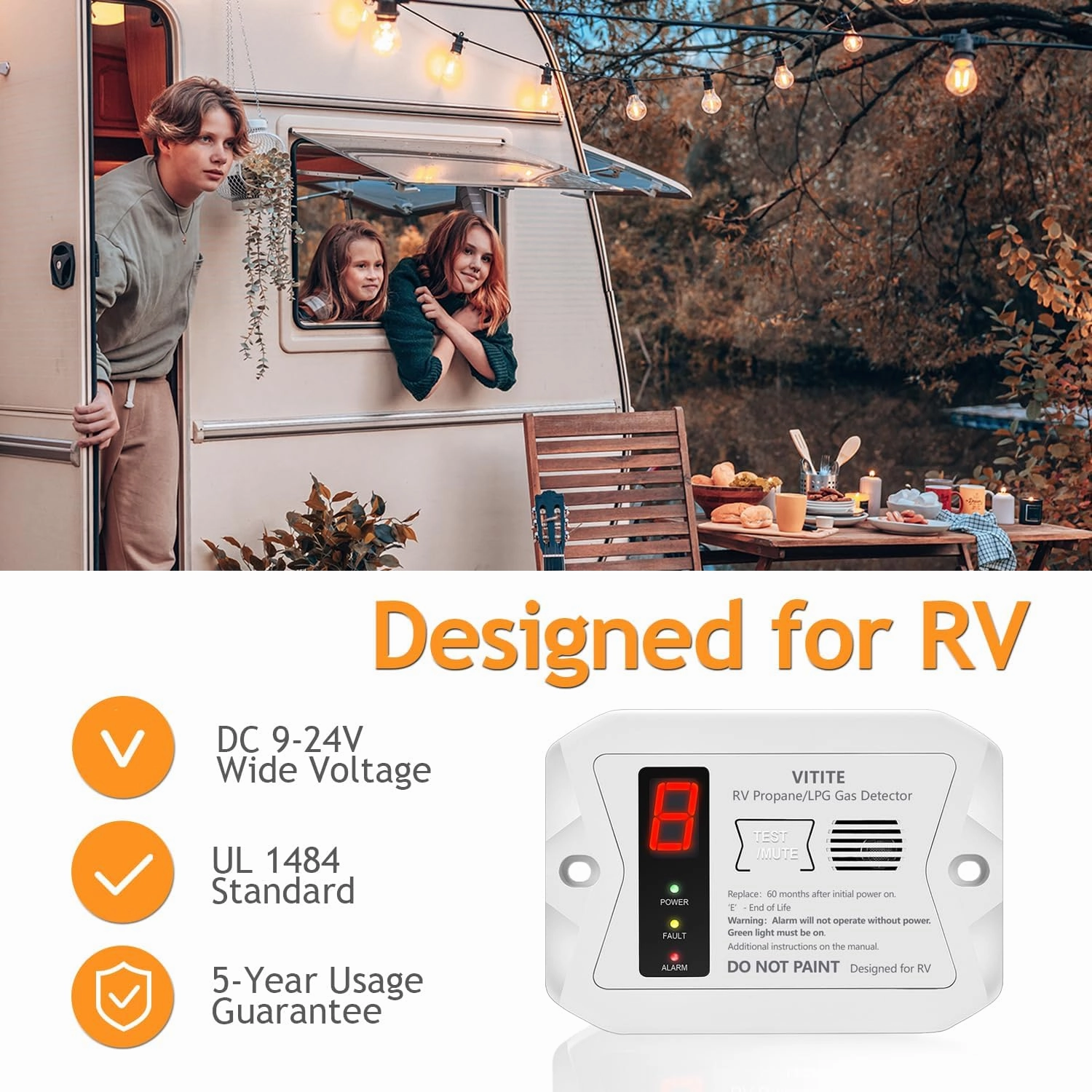 RV Propane Gas Detector, VITITE Digital RV LP Gas Alarm, Hardwired - VDC 12V, Flush & Surface Mount, with 3 Brackets (White)