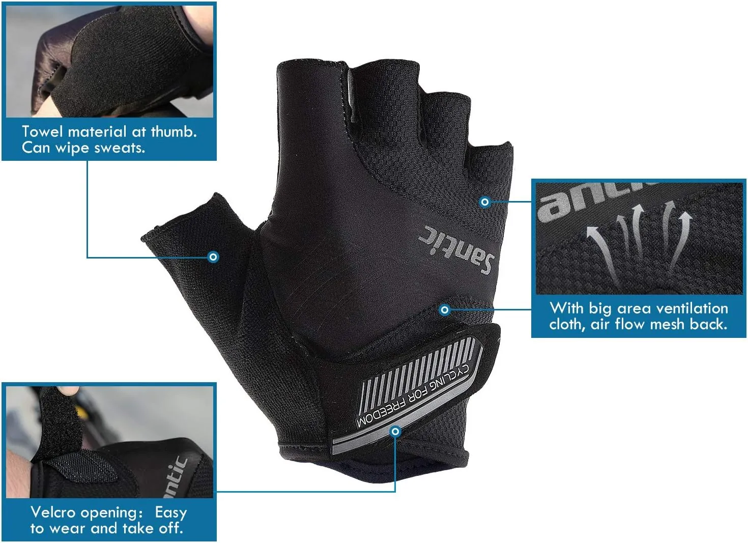 Santic Classic Fingerless Cycling Gloves with Shock-Absorbing Foam Pad Breathable Half Finger Moutain Bike Bicycle Riding Gloves for Men and Women