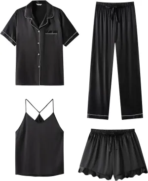 SAPJON Silk Pajamas for Women Set 4Pcs Ruffled Satin Pajamas Set Button Down Short Sleeve Cami Shorts Sleepwear Pj Set
