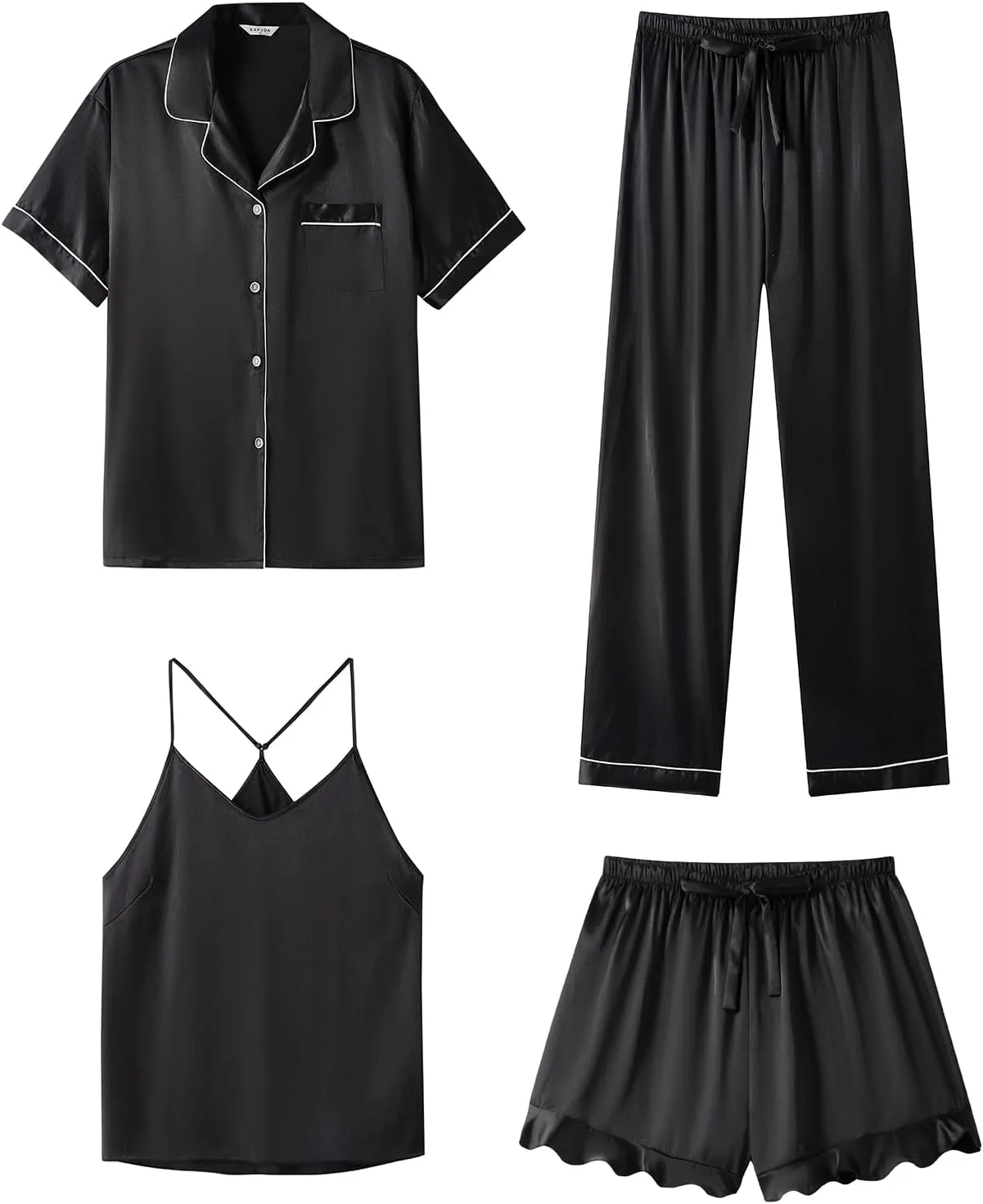 SAPJON Silk Pajamas for Women Set 4Pcs Ruffled Satin Pajamas Set Button Down Short Sleeve Cami Shorts Sleepwear Pj Set