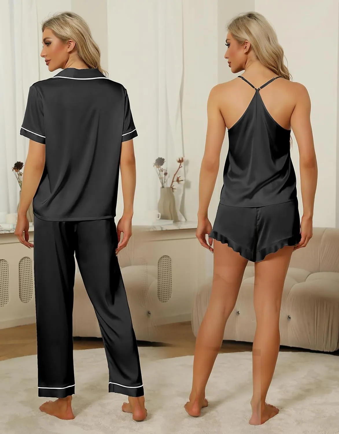 SAPJON Silk Pajamas for Women Set 4Pcs Ruffled Satin Pajamas Set Button Down Short Sleeve Cami Shorts Sleepwear Pj Set