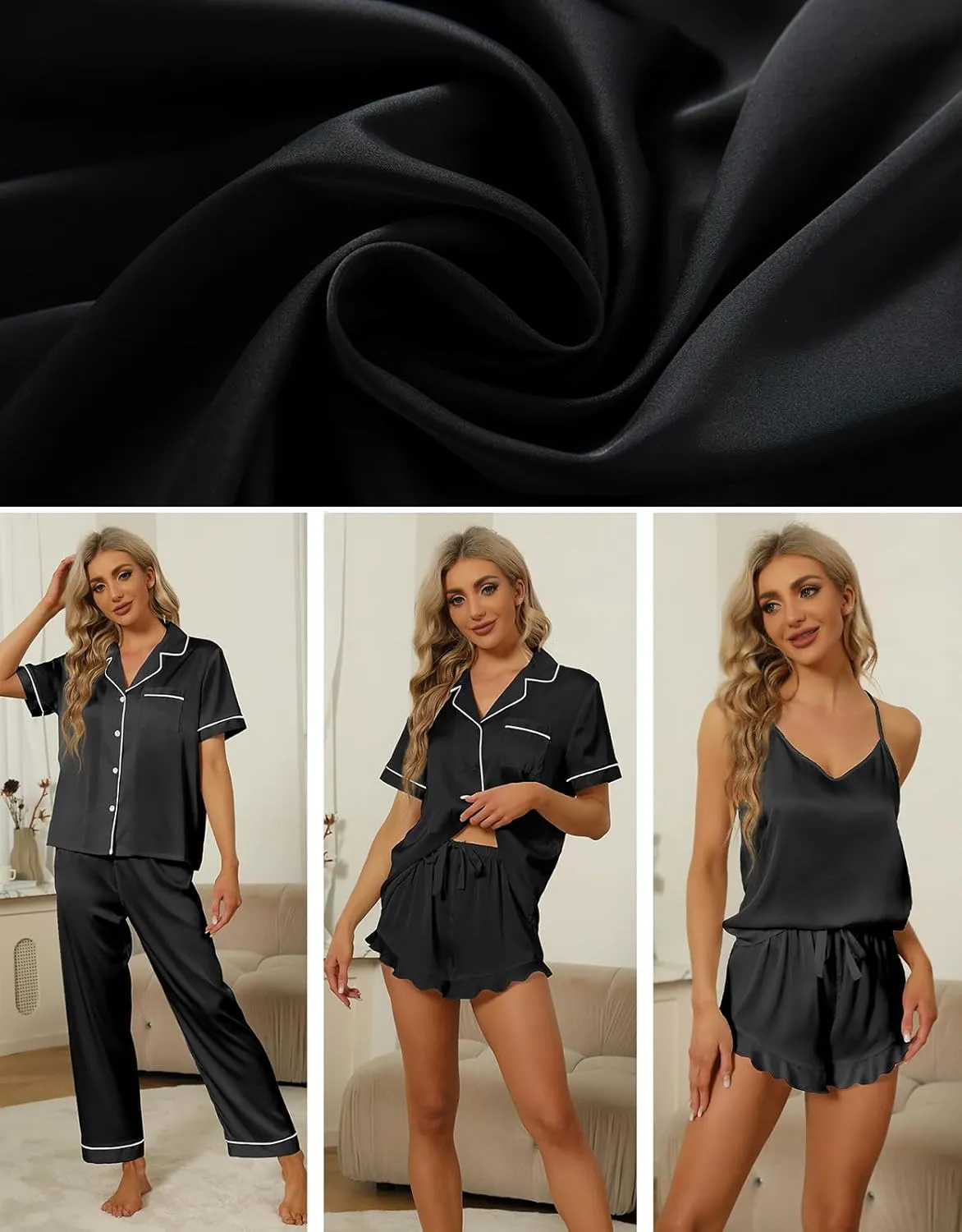 SAPJON Silk Pajamas for Women Set 4Pcs Ruffled Satin Pajamas Set Button Down Short Sleeve Cami Shorts Sleepwear Pj Set