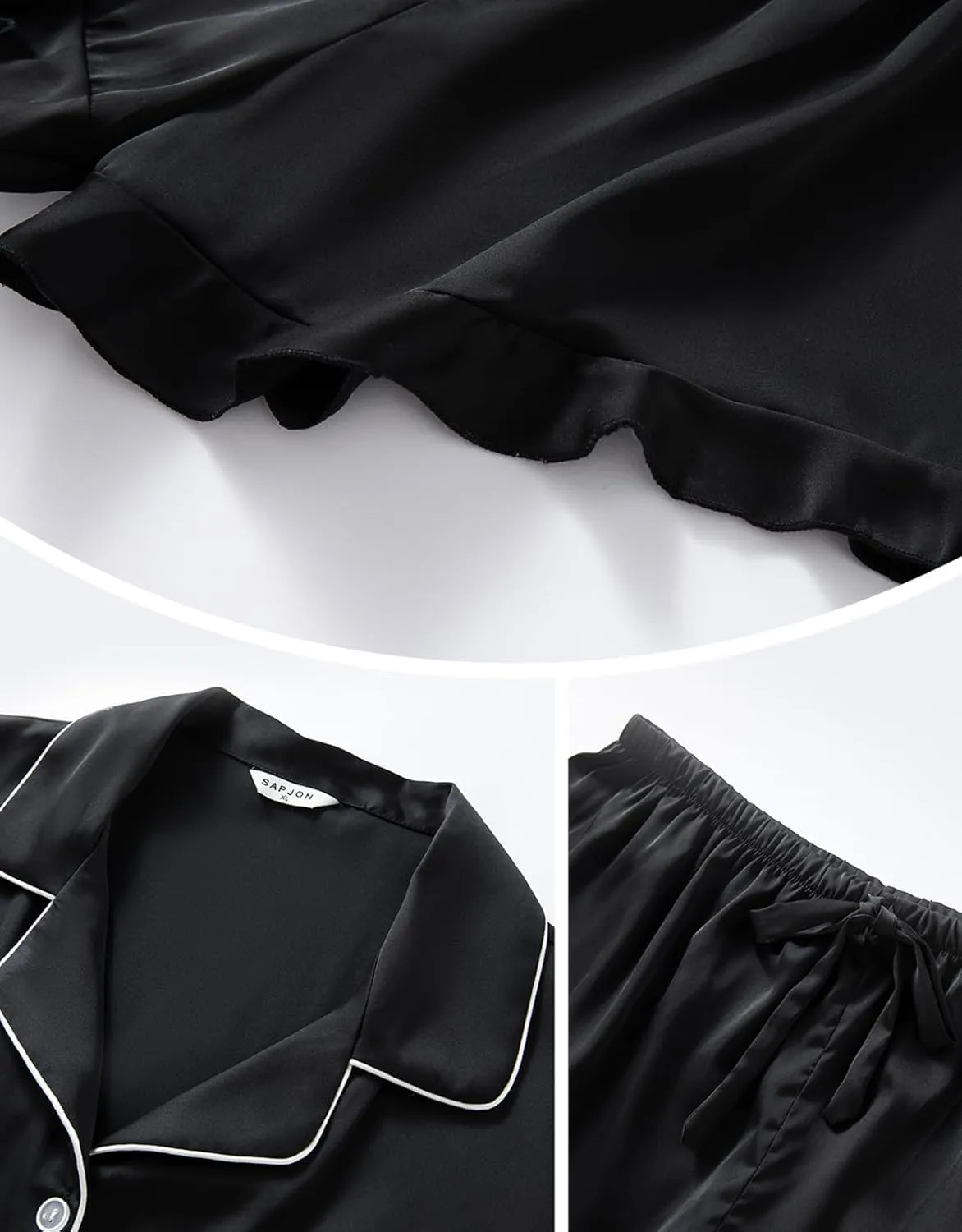 SAPJON Silk Pajamas for Women Set 4Pcs Ruffled Satin Pajamas Set Button Down Short Sleeve Cami Shorts Sleepwear Pj Set