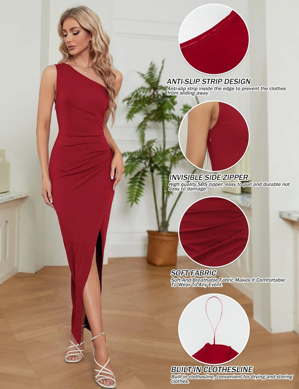 Sarin Mathews Womens One Shoulder Long Formal Dress Sexy Summer Sleeveless Bodycon Ruched Wrap Split Cocktail Dresses
