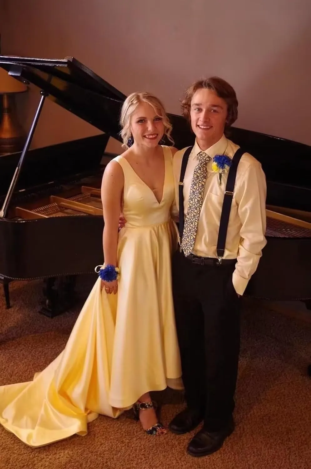 Satin A Line Prom Dresses for Bride V Neck Prom Dresses with Pockets Simple Long Ball Gowns