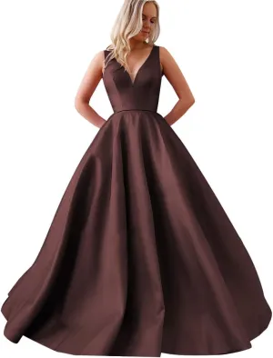 Satin A Line Prom Dresses for Bride V Neck Prom Dresses with Pockets Simple Long Ball Gowns