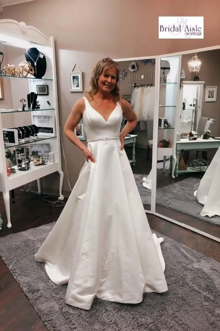 Satin A Line Prom Dresses for Bride V Neck Prom Dresses with Pockets Simple Long Ball Gowns