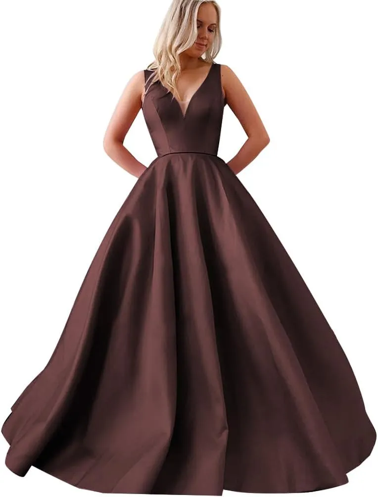 Satin A Line Prom Dresses for Bride V Neck Prom Dresses with Pockets Simple Long Ball Gowns