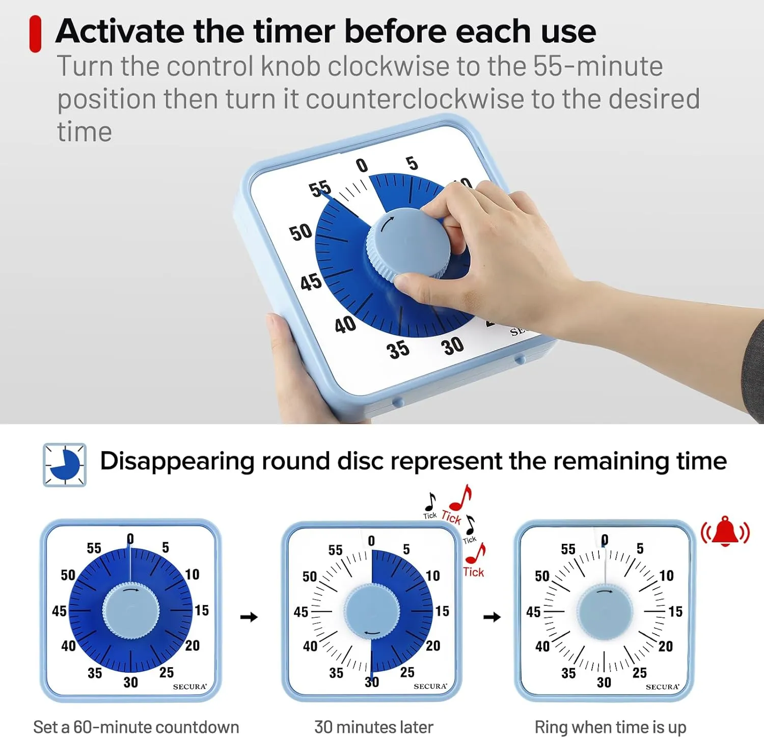 Secura 7.5 Inch Visual Timer, 60 Minute Visual Oversize Countdown Timer for Kids and Adults, Durable Mechanical Time Management Tool (Blue)