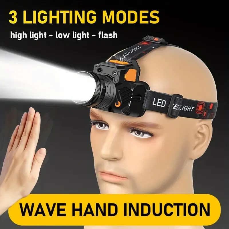 Sensor Headlights Built-in Battery USB Rechargeable 3 Modes of Portable Flashlight