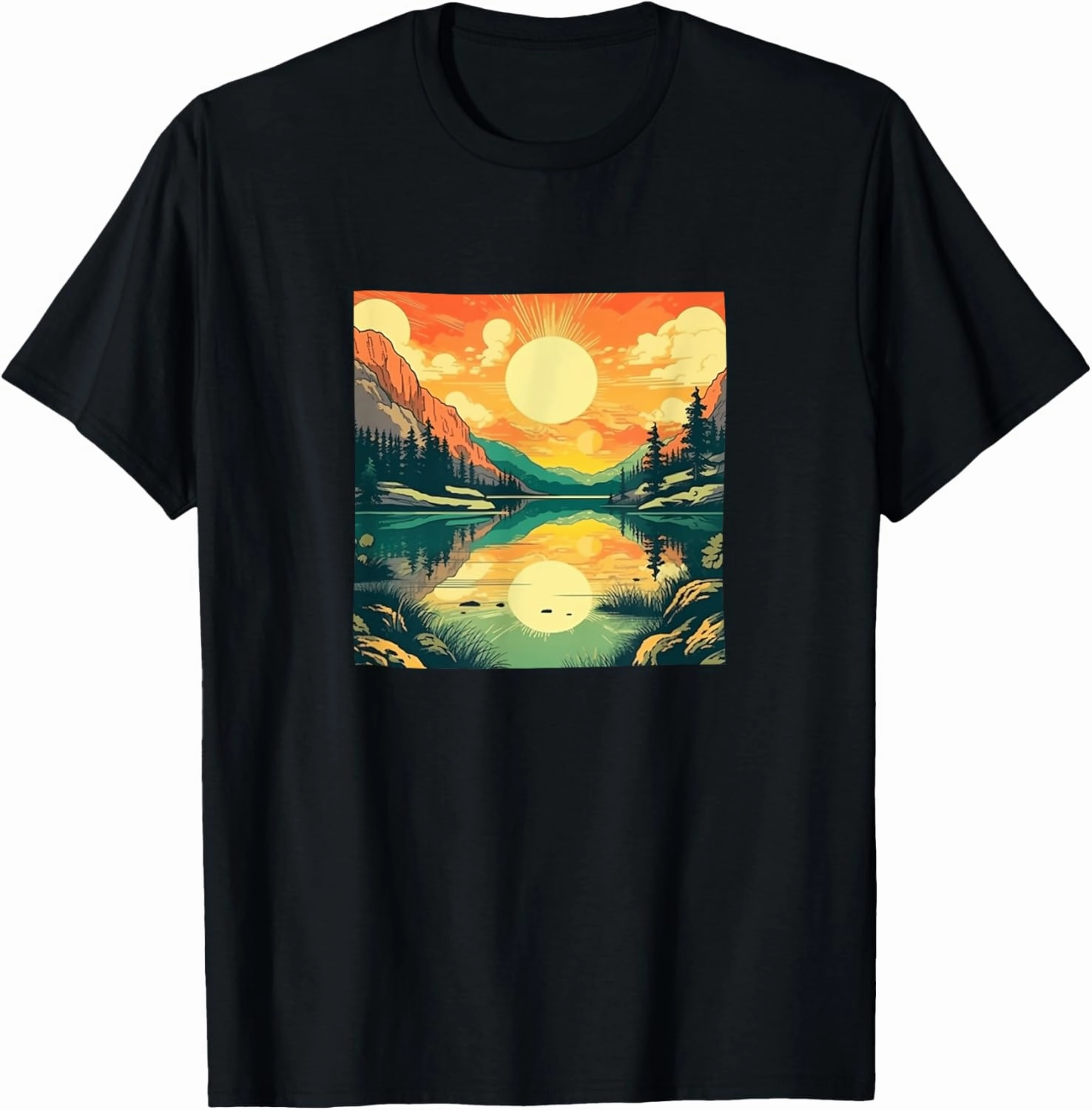 Serene Lake With Reflection Vintage Landscape Graphic T-Shirt