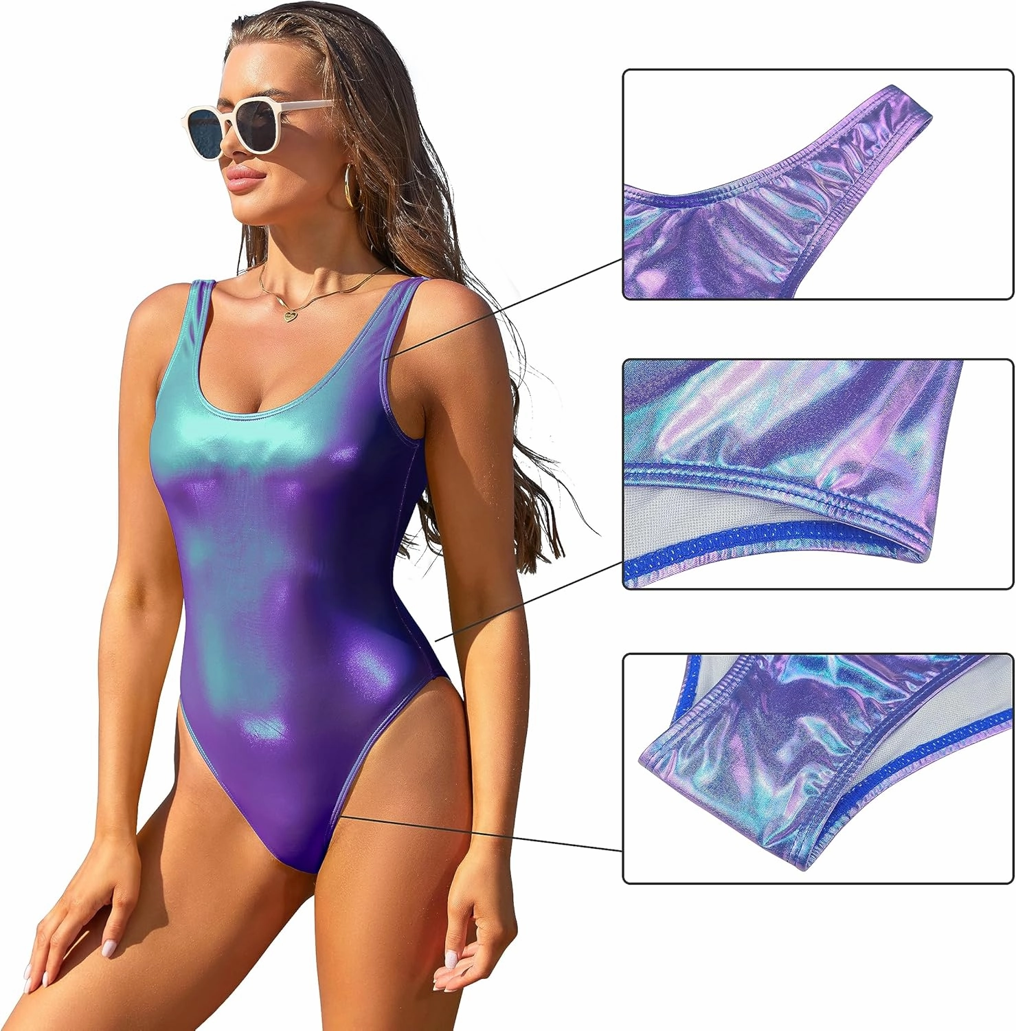 SHEKINI Women's Metallic Shiny Bathing Suit Scoop Neck Backless One Piece Swimsuits