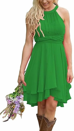 Short Bridesmaid Dresses 2024 Western Wedding Guest Dresses A Line Halter Ruffle Pleated Summer Formal Party Dress