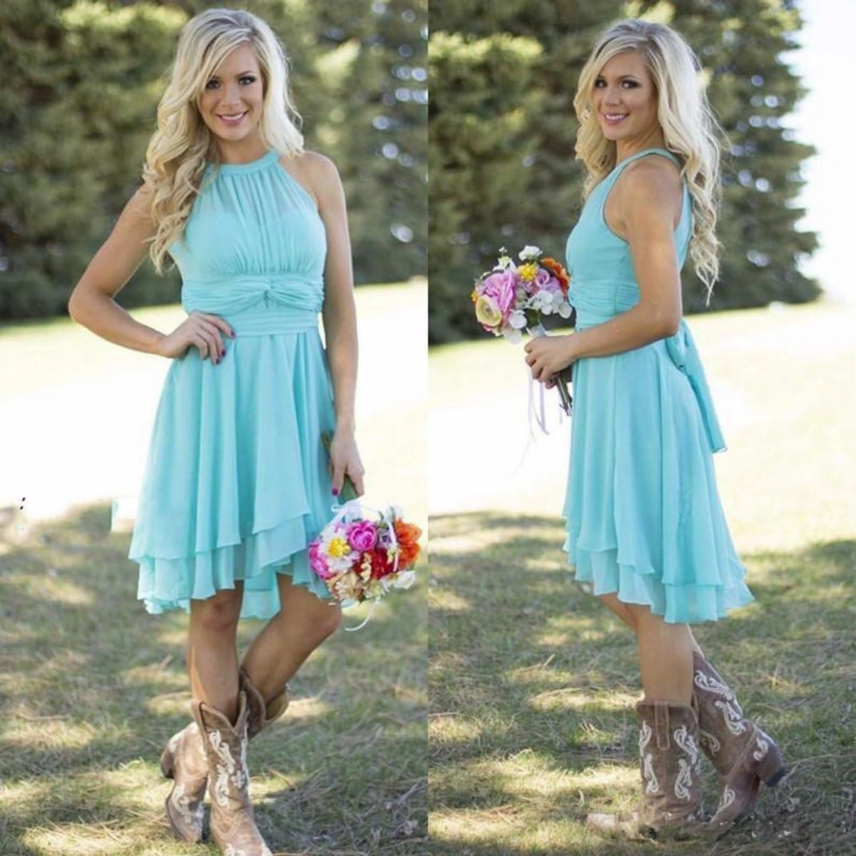 Short Bridesmaid Dresses 2024 Western Wedding Guest Dresses A Line Halter Ruffle Pleated Summer Formal Party Dress