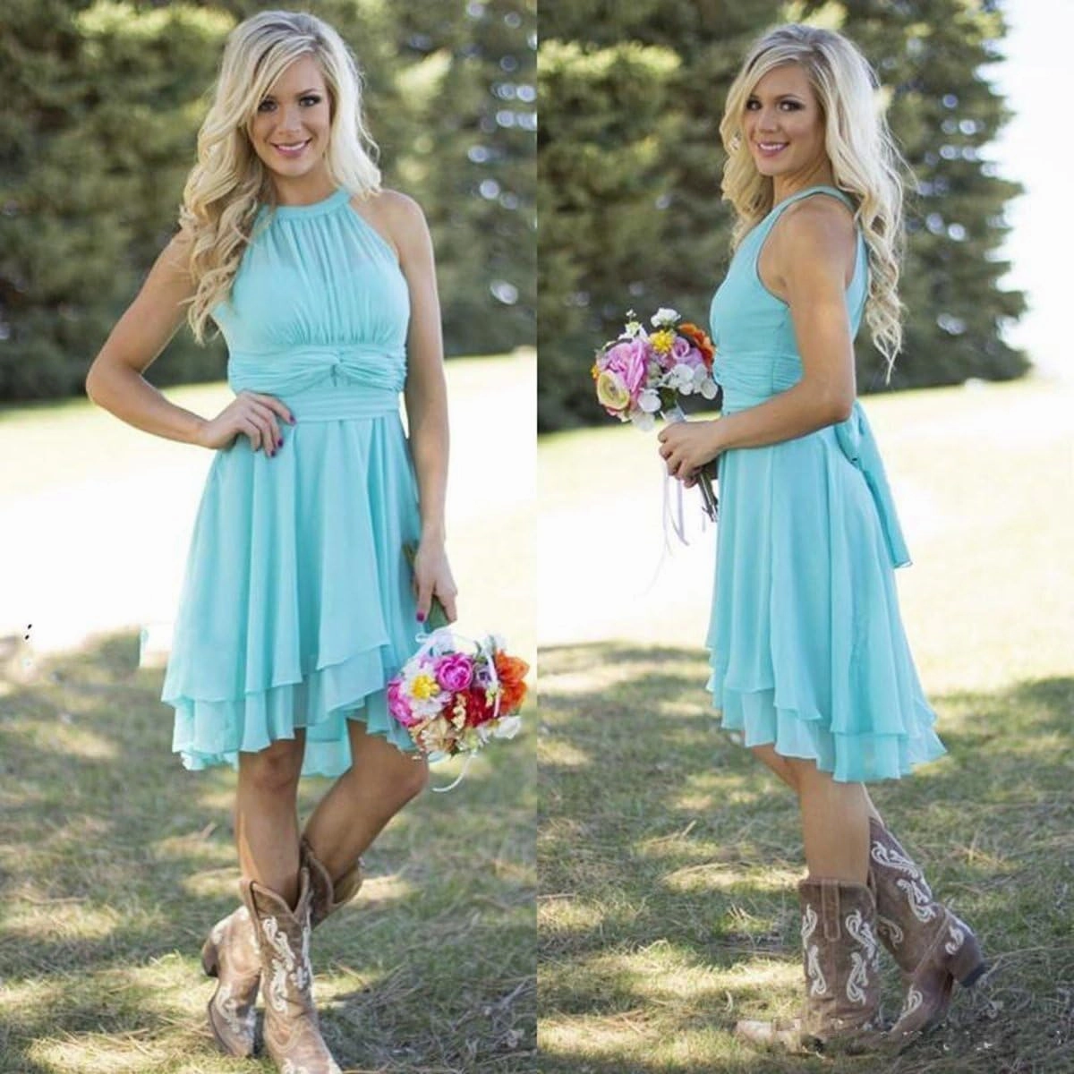 Short Bridesmaid Dresses 2024 Western Wedding Guest Dresses A Line Halter Ruffle Pleated Summer Formal Party Dress