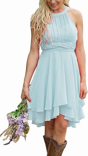 Short Bridesmaid Dresses 2024 Western Wedding Guest Dresses A Line Halter Ruffle Pleated Summer Formal Party Dress