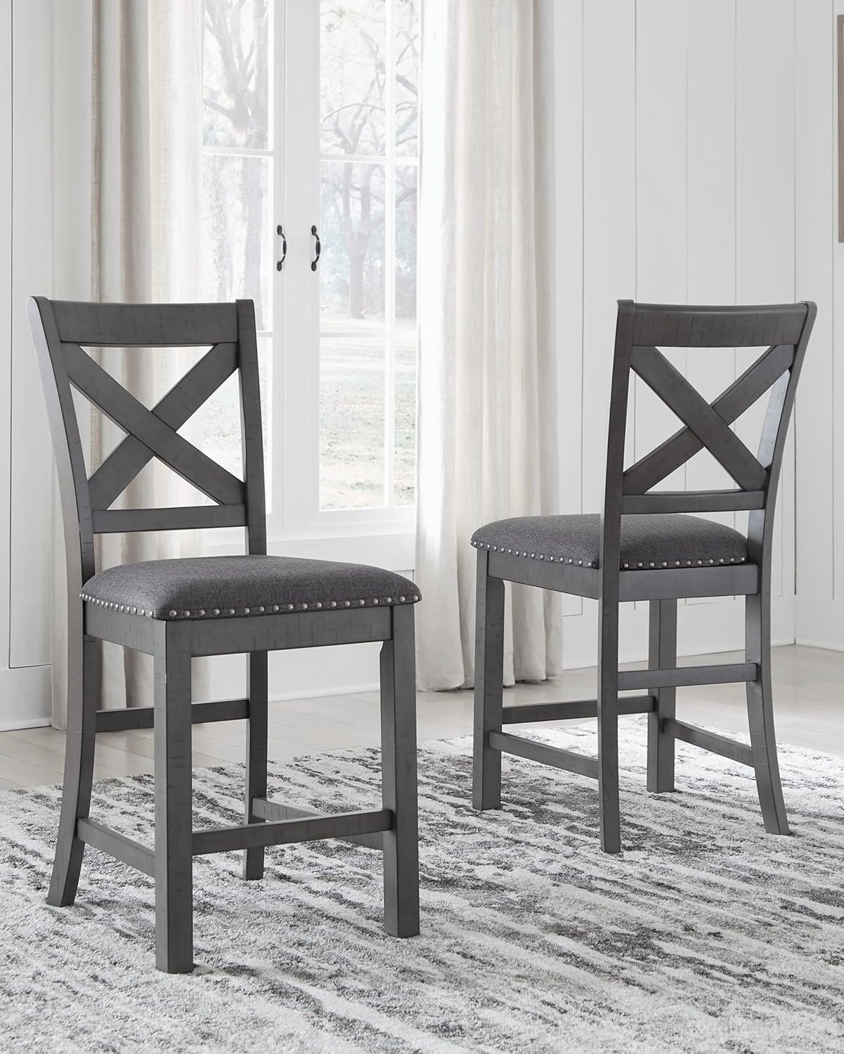 Signature Design by Ashley Myshanna Modern Farmhouse 25" Counter Height Upholstered Barstool, Set of 2, Dark Gray