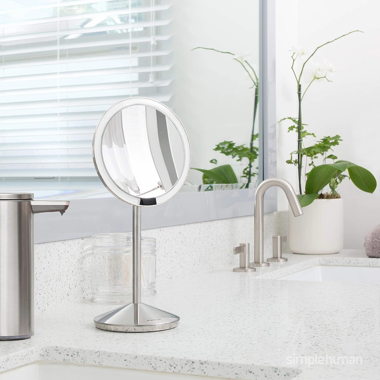 simplehuman Sensor Mirror, Travel Makeup Mirror with Lights, 10X Magnification, Lighted, Round, Free Standing, 5", Rose Gold Stainless Steel