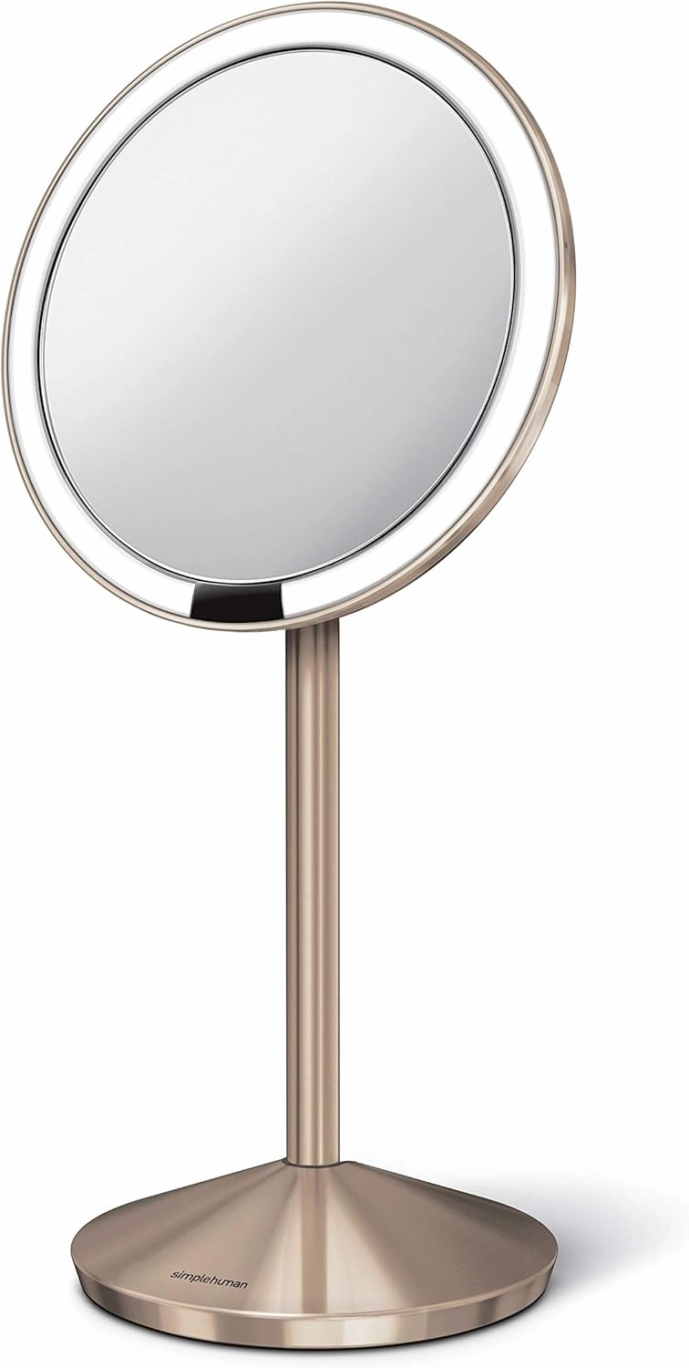 simplehuman Sensor Mirror, Travel Makeup Mirror with Lights, 10X Magnification, Lighted, Round, Free Standing, 5", Rose Gold Stainless Steel