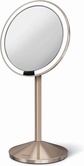 simplehuman Sensor Mirror, Travel Makeup Mirror with Lights, 10X Magnification, Lighted, Round, Free Standing, 5", Rose Gold Stainless Steel