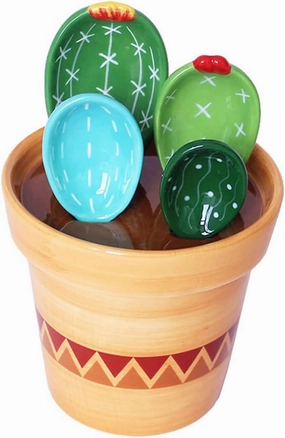 Sizikato 4pcs Porcelain Measuring Spoons with Base, Cute Cactus Shape
