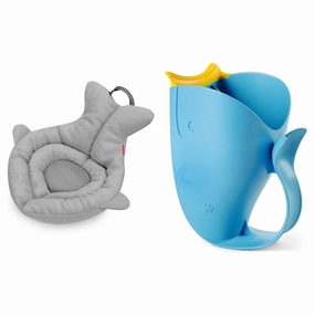 Skip Hop Soft Sink Baby Bath Tub and Rinse Cup Bundle, Moby Grey Whale Tub with Blue Waterfall Rinser