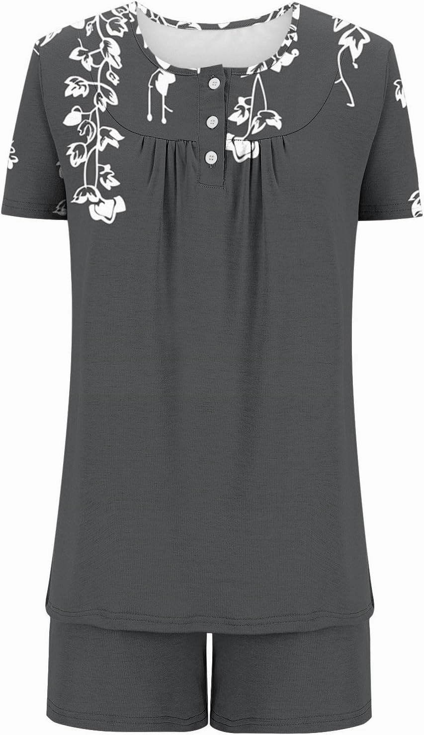 Sleepwear Sets For Women Short Sleeve Shorts And Top Floral Pajamas Casual Comfy Pjs Lounge Set With Pockets